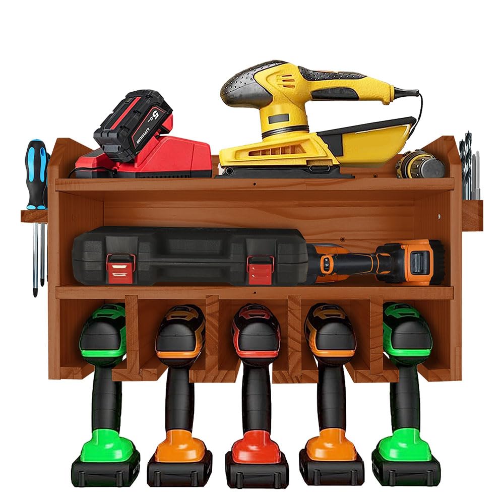 Pro-Lift Cordless Drill Organizer – wall mount power tool storage rack, 5 hanging slots, wooden M-003W2