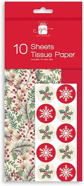 10 Sheets of Christmas Tissue Paper Traditional Holly Design Present Gift Wrapping
