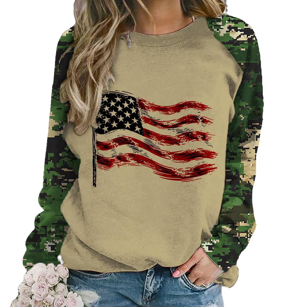 Women's American Flag Shirts Relaxed Long Sleeve Round Collar T-shirt Camo USA Flag Sweatershirt