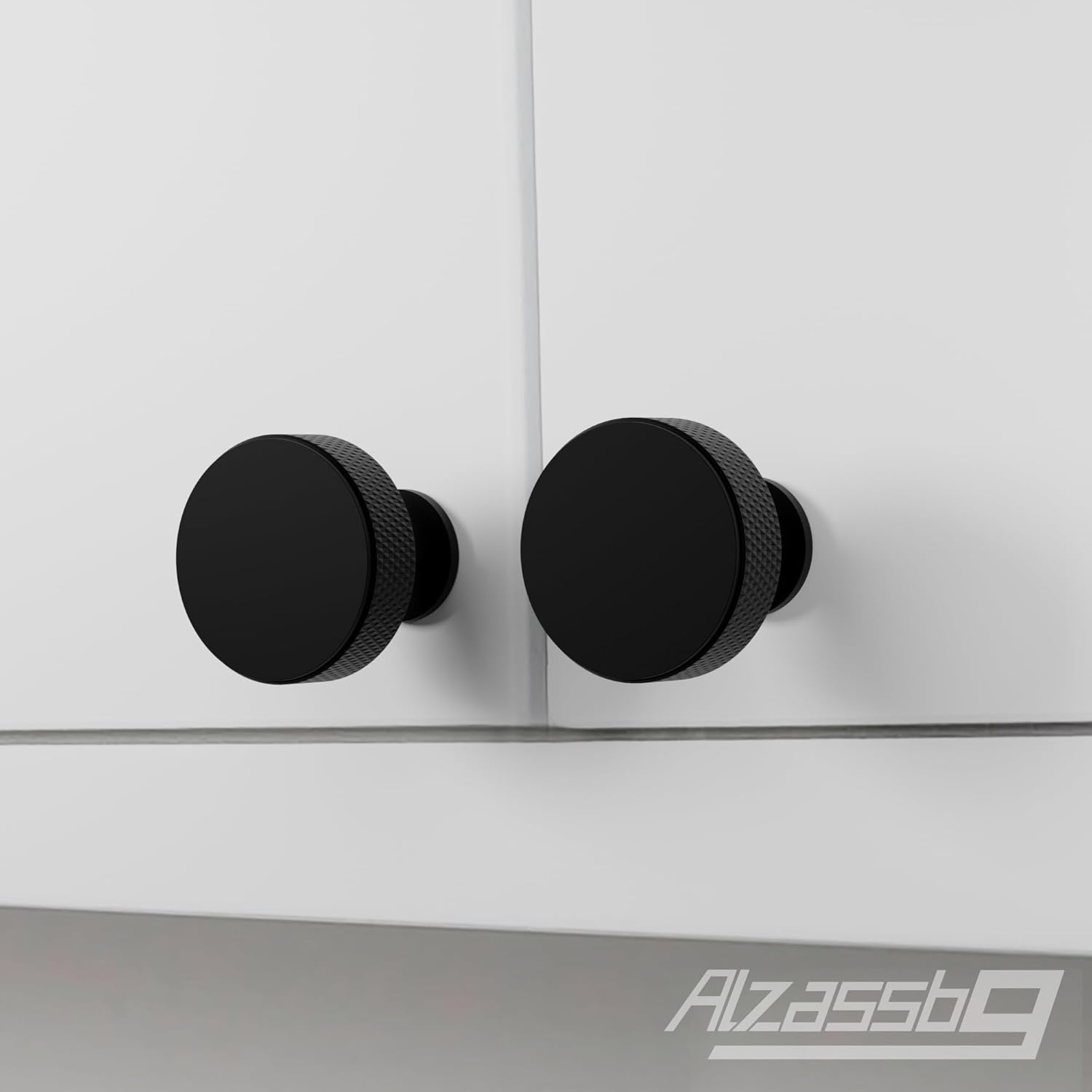 Alzassbg 10 Pack Matt Black Cabinet Knobs, 1.2 Inch(30.5mm) Diameter Round Knurled Kitchen Cabinet Handles of Carbinets and Drawers AL6067MB