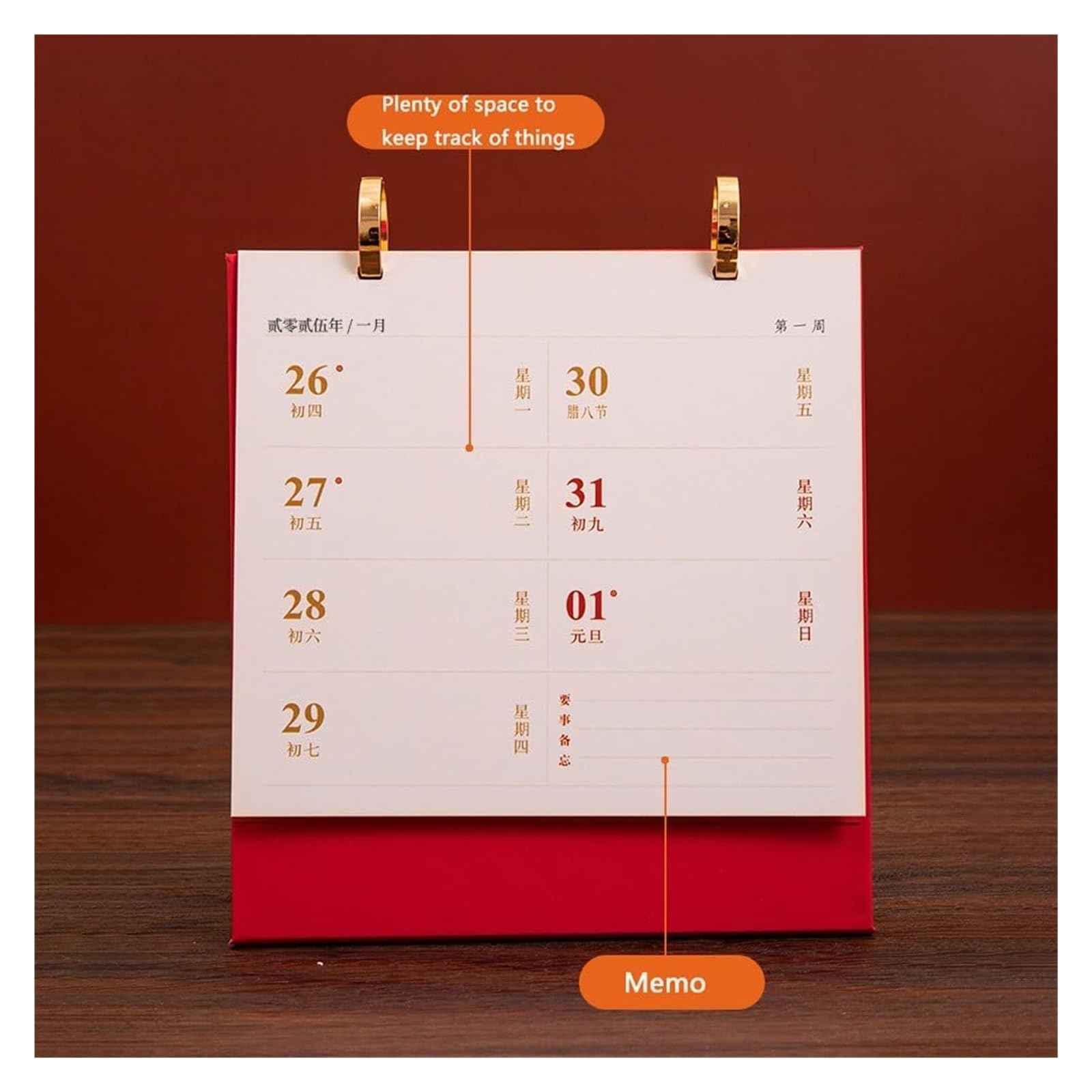 Tischkalender, Tischkalender 2025, Jahr der Schlange, Wochenkalender, einfacher Monatskalender, chinesischer Stil, Schreibtischkalender, Büro-Desktop(Red)