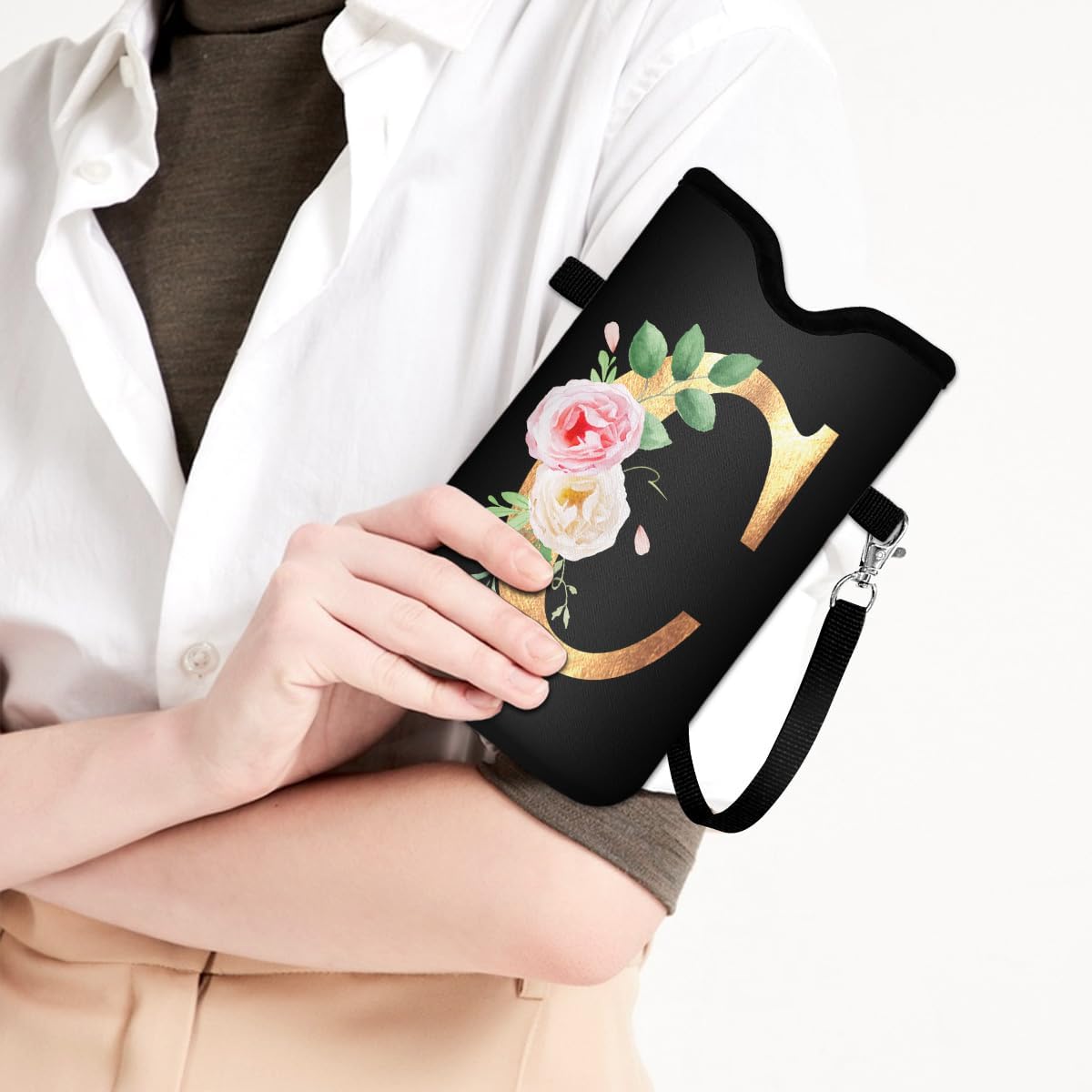 Initial Neoprene Cell Phone Sleeve Pouch 7.6"x4.3" with Crossbody Strap/Neck Lanyard,2 Pockets Inner Universal Phone Bag for Womem Men Shockproof Mobile Protection Case Bag-Black Letter-C Phone Pouch - Image 3