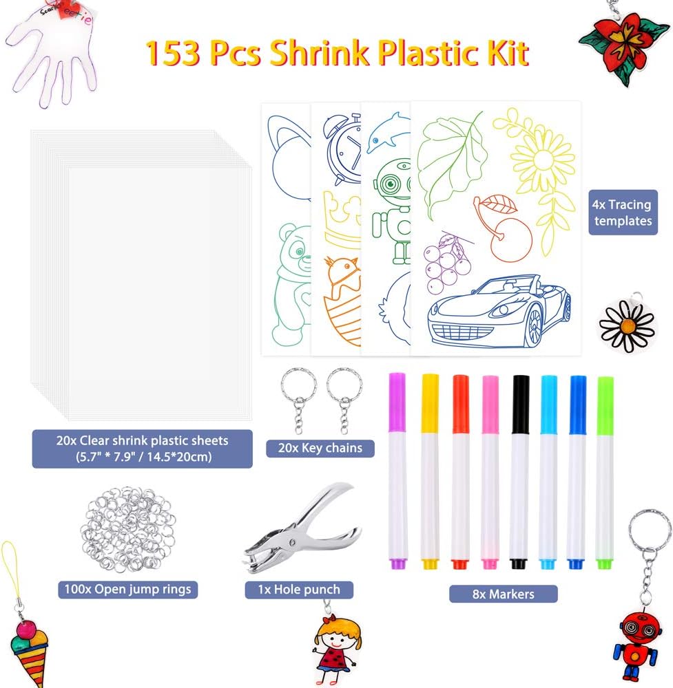 Auihiay 153 Pieces Clear Shrink Plastic Kit Include 20 Clear Shrinky Paper, 4 Tracing Sheets, Hole Punch and Keychain Accessories for DIY Ornaments or Creative Craft