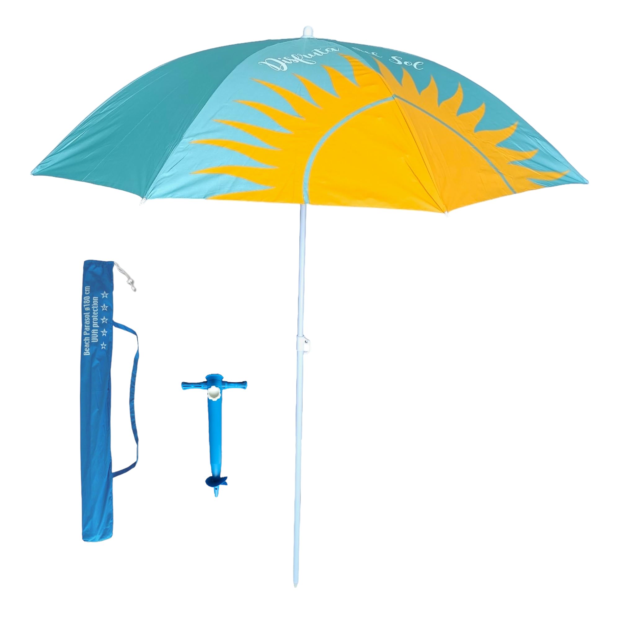 Pincho Sombrilla de Playa de metal con Recubrimiento antióxido .180 cm de diámetro. 8 Varillas de metal. Factor protección Solar UPF 50+