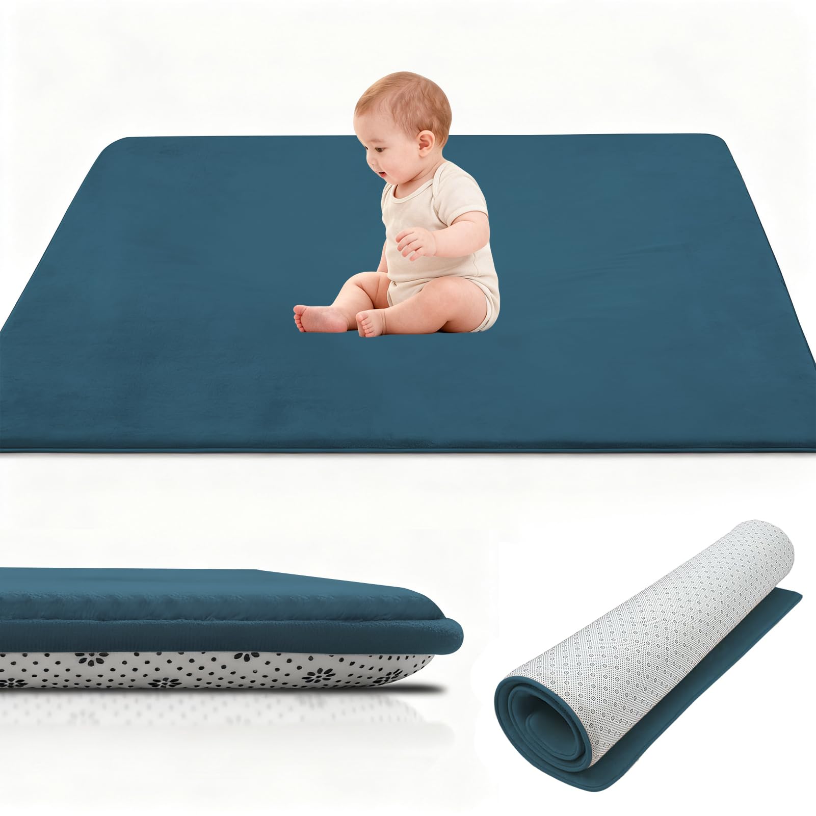 Stqyeiw Coral Velvet Thick Baby Play Mat, 2cm Memory Foam Rug, Baby Crawl Mat, Large Baby Activity Play Mat, Non Slip Children's Floor Tatami Rugs 120 x 160 cm Blue