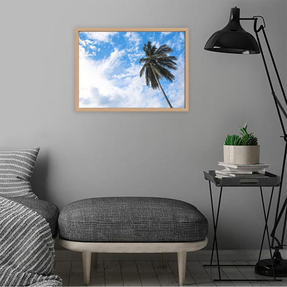 VERRE ART Printed Framed Canvas Painting for Home Decor Office Wall Studio Wall Living Room Decoration (22x14inch Wooden Floater) - Palm Tree Under Lu Sky