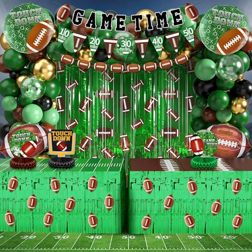 Image of TREWAVE 114 PCS Football Party Decorations, Super Bowl Party Supplies with Football Foil Fringe Curtains, Tinsel Table Skirts for Game Day Tailgate Birthday Party