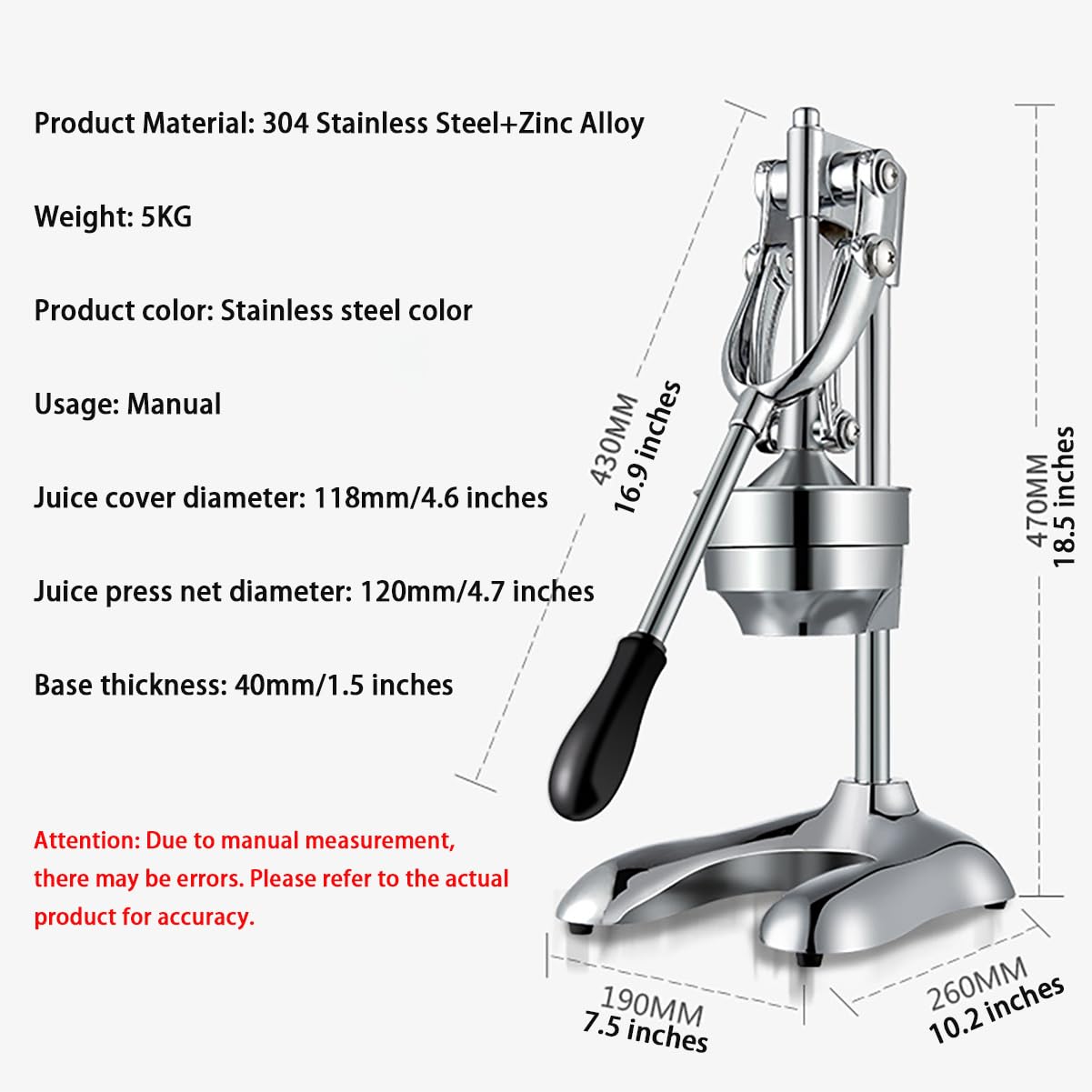Exprimidor Manual de cítricos Alta Resistencia: exprimidor limón Metal Profesional para Naranjas, Limones, limas, pomelos, prensado Calidad granadas y Frutas Grado Comercial,A