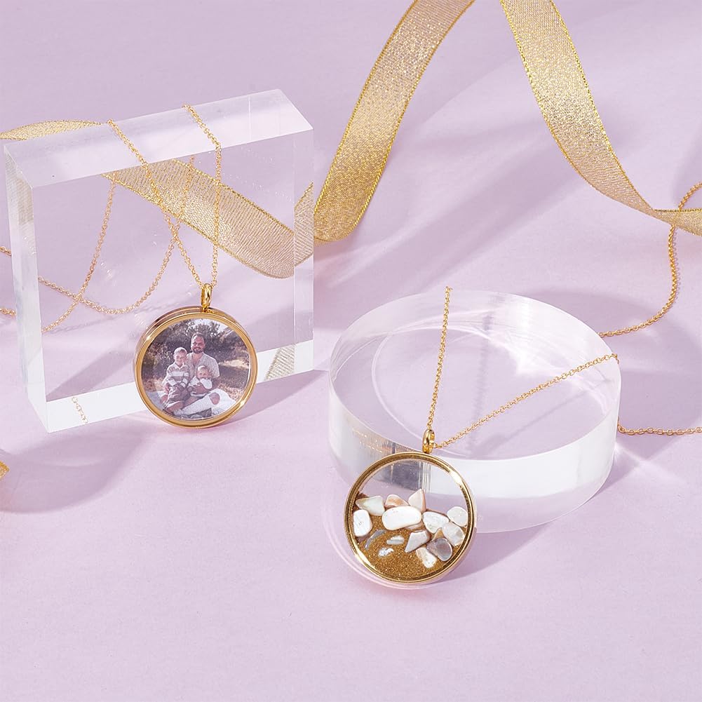UNICRAFTALE 2Pcs Real 18K Gold Plated Memory Locket Charm Stainless Steel Glass Floating Charm Crystal Photo Frame Locket Pendants Flat Round DIY Picture Photo Charms for Jewelry Making - Image 2