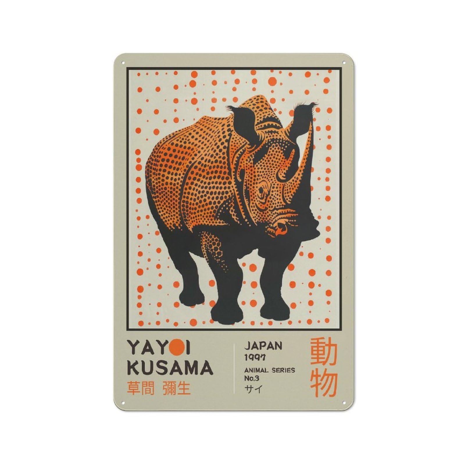 Junmoney Style-21 Tin Wall Plaque 30X20cm With Yayoi Kusama Rhino No.3 Exhibition Poster For Bar Or Restaurant, For Hospitality Decor Collectors