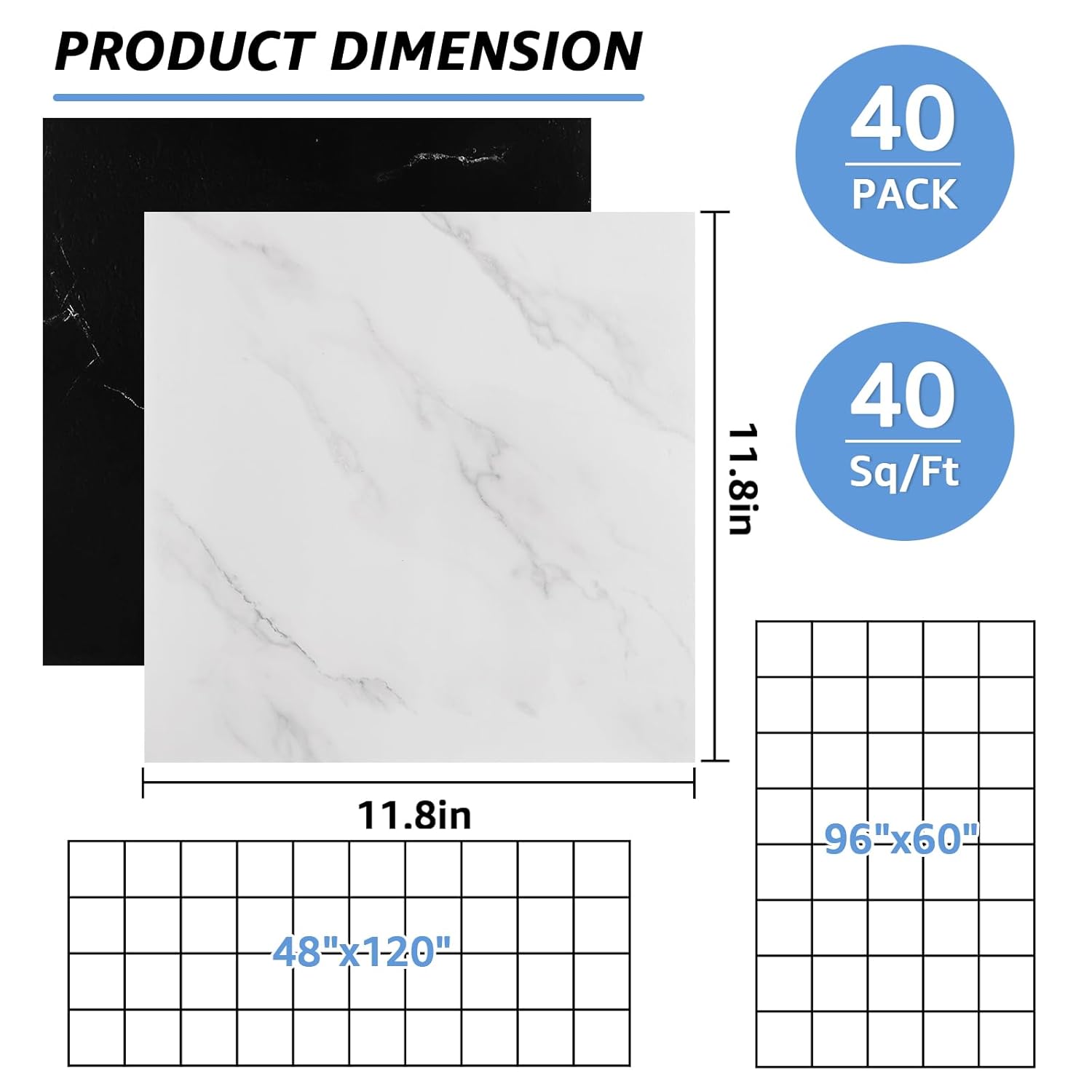 40 Sheet Vinyl Flooring 12x12 Peel and Stick Floor Tile Waterproof Black & White Marble Vinyl Floor Tiles Clearance Self Adhesive Floor Tiles Sticky Laminate Flooring Stick on Bathroom Kitchen