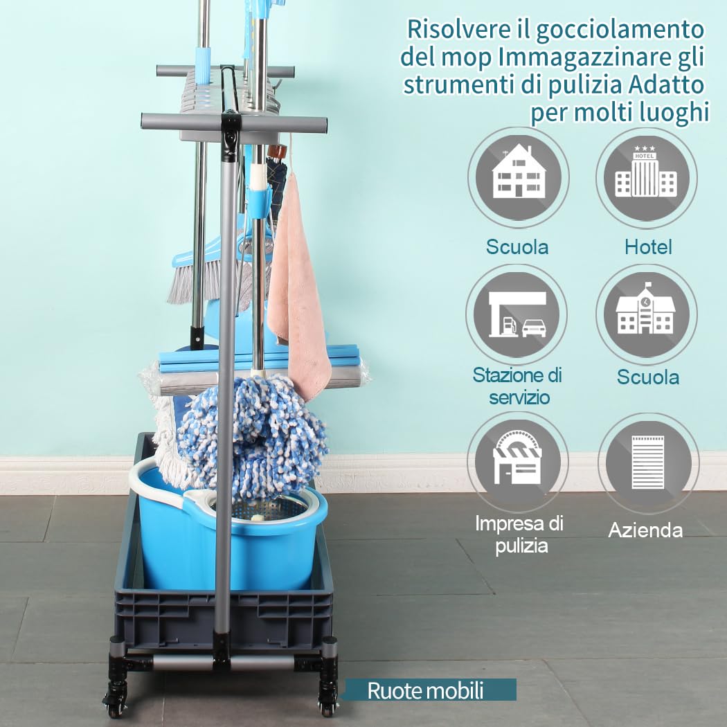 Gran Soporte para Fregonas - Organizador de Herramientas de Limpieza, Carro de Limpieza Móvil