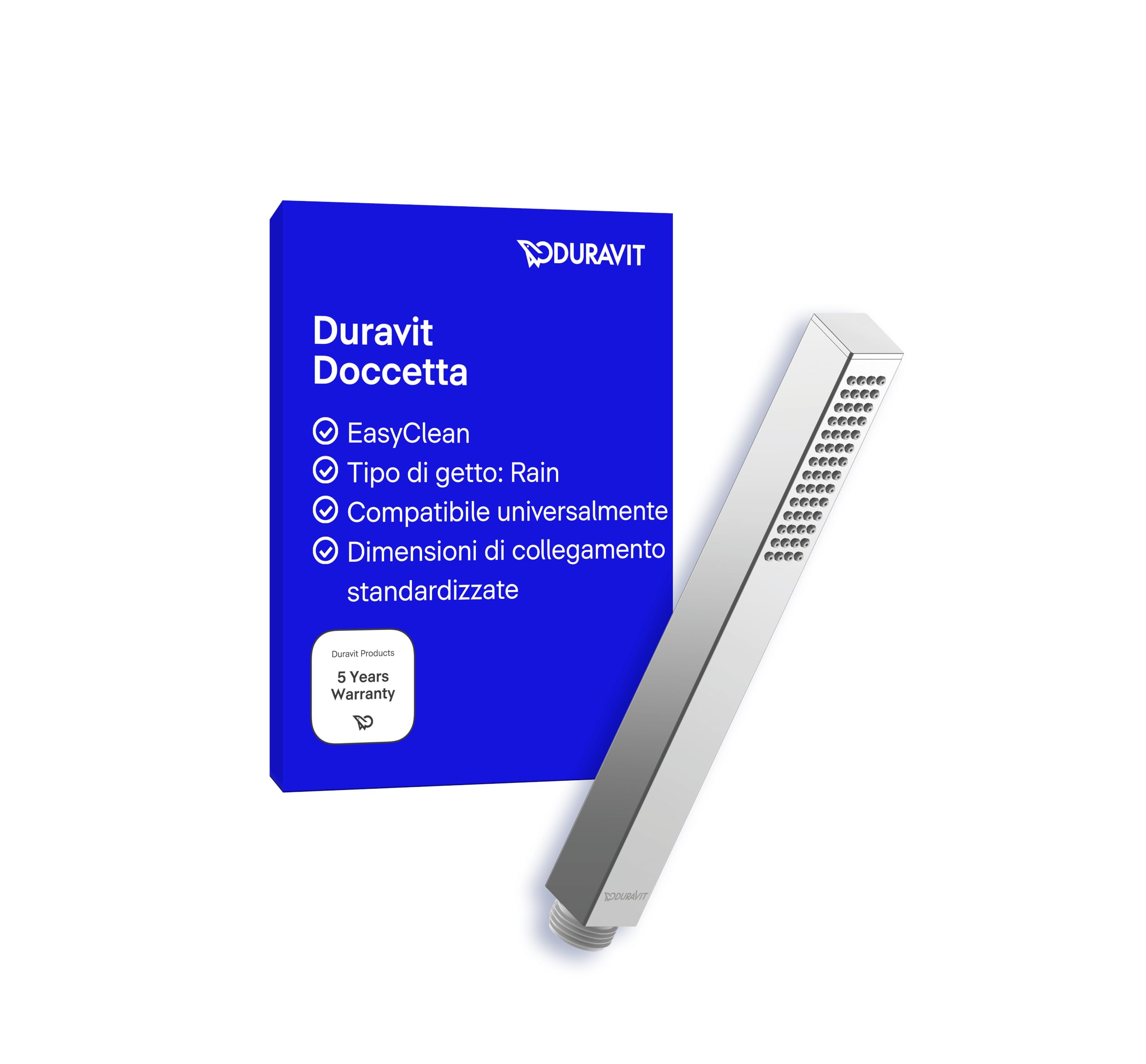 Duravit Universal Doccia a mano, Doccetta stick con getto Rain, Manopola doccia quadrata, Doccetta con ugelli in silicone facili da pulire, cromo