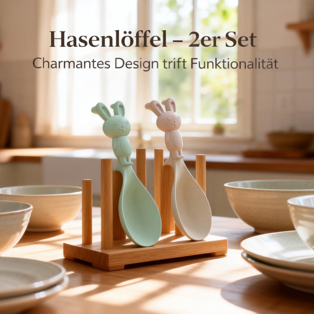 Hasen Reislöffel Set 2er – Niedliche Küchenlöffel aus Kunststoff – Standlöffel mit Ablagefuß – Löffel für Reis, Pfanne & Topf – Creme & Pastellgrün – BOAA Fresh