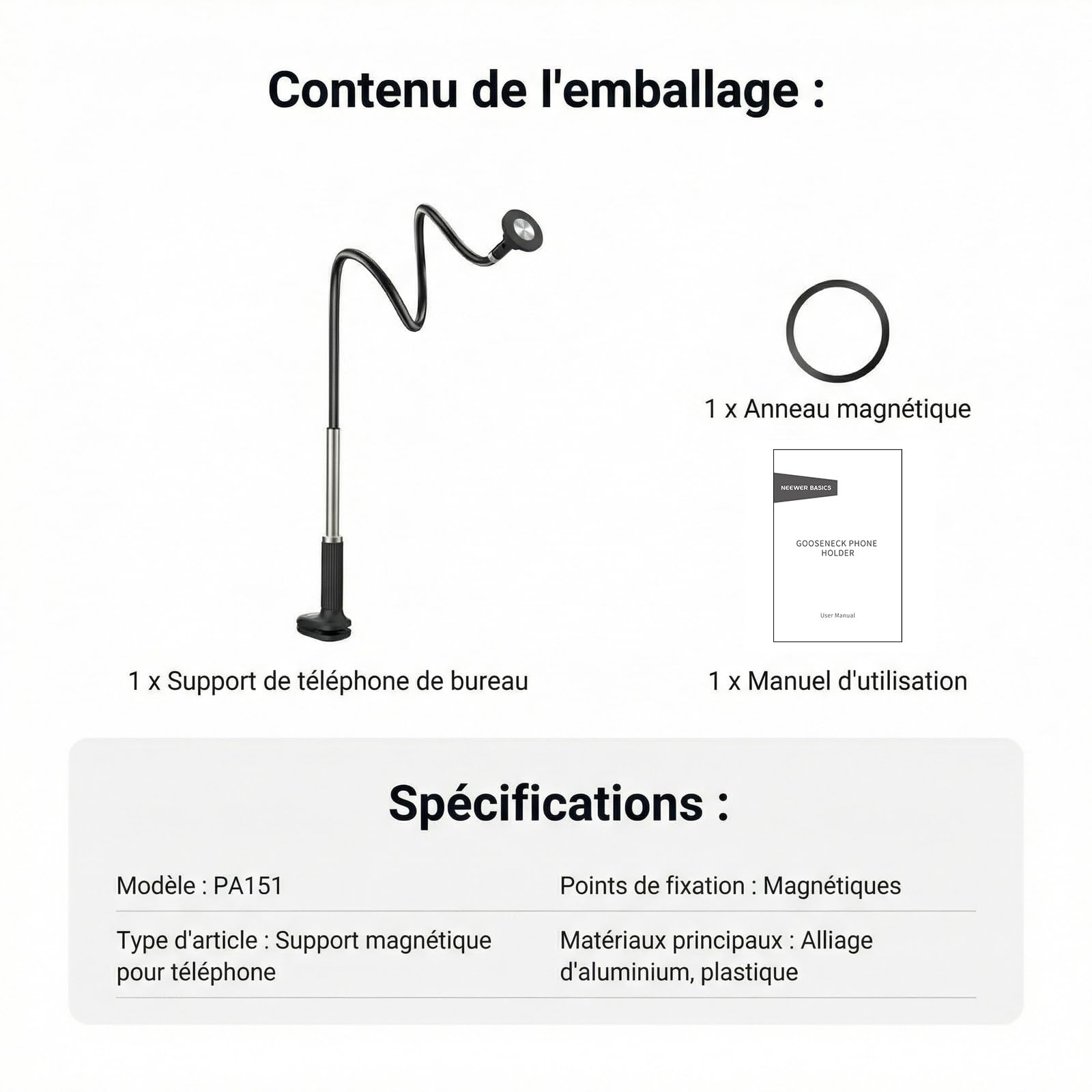 NEEWER Basics Support Magnétique pour Téléphone, Fixation à 360° pour Bureau, Bras Flexible, Compatible MagSafe iPhone Android et Samsung, Idéal pour l'Enregistrement Vidéo au Lit, PA151 Noir