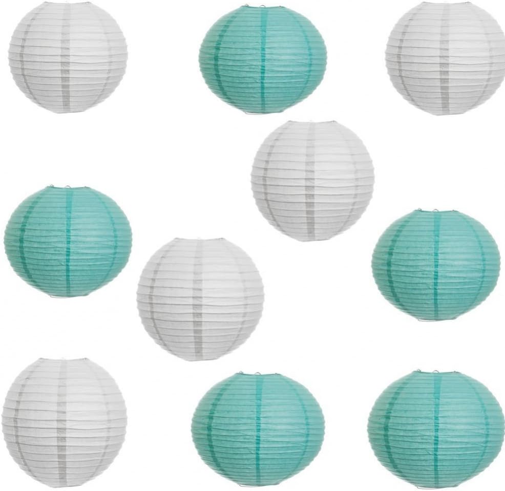 Elife 10pcs Robin's Egg Blue and White Color Indoor/Outdoor Chinese/Japanese Paper Lanterns/lamps 8" Diameter for fun/ Wedding Birthday Party Decorations (Robin's egg blue+ white)
