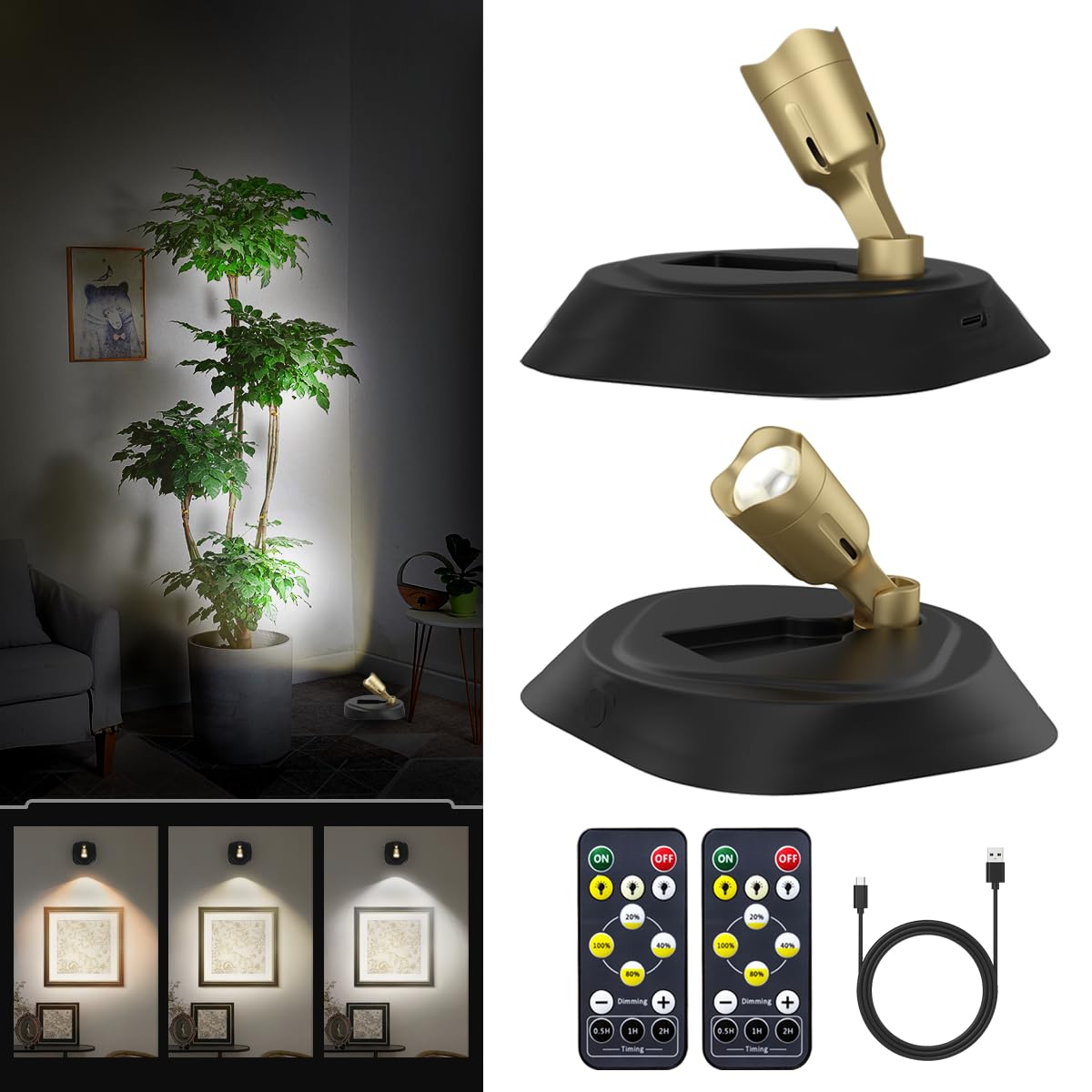 Battery Spot Light for Tree Plant Indoor Uplight Rechargeable With Remote, Painting Accent for Wall Led Display Art, Dimmable Puck Spotlight for Plants Frame Gallery
