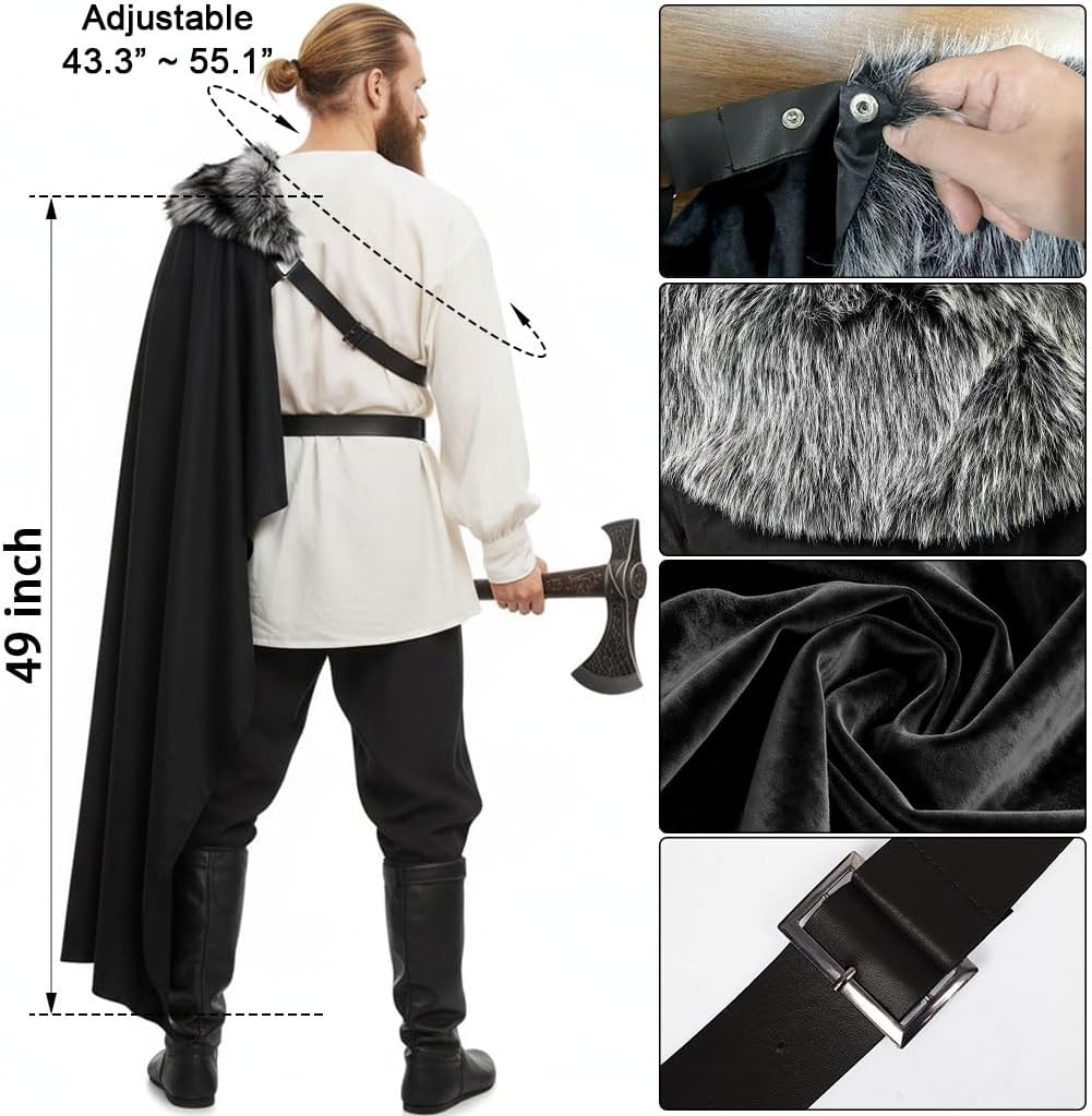 Medieval Artificial Fur Shawl Half Shoulder Cape, Renaissance Adjustable Cloak Viking Warrior Costume for Ren Faire