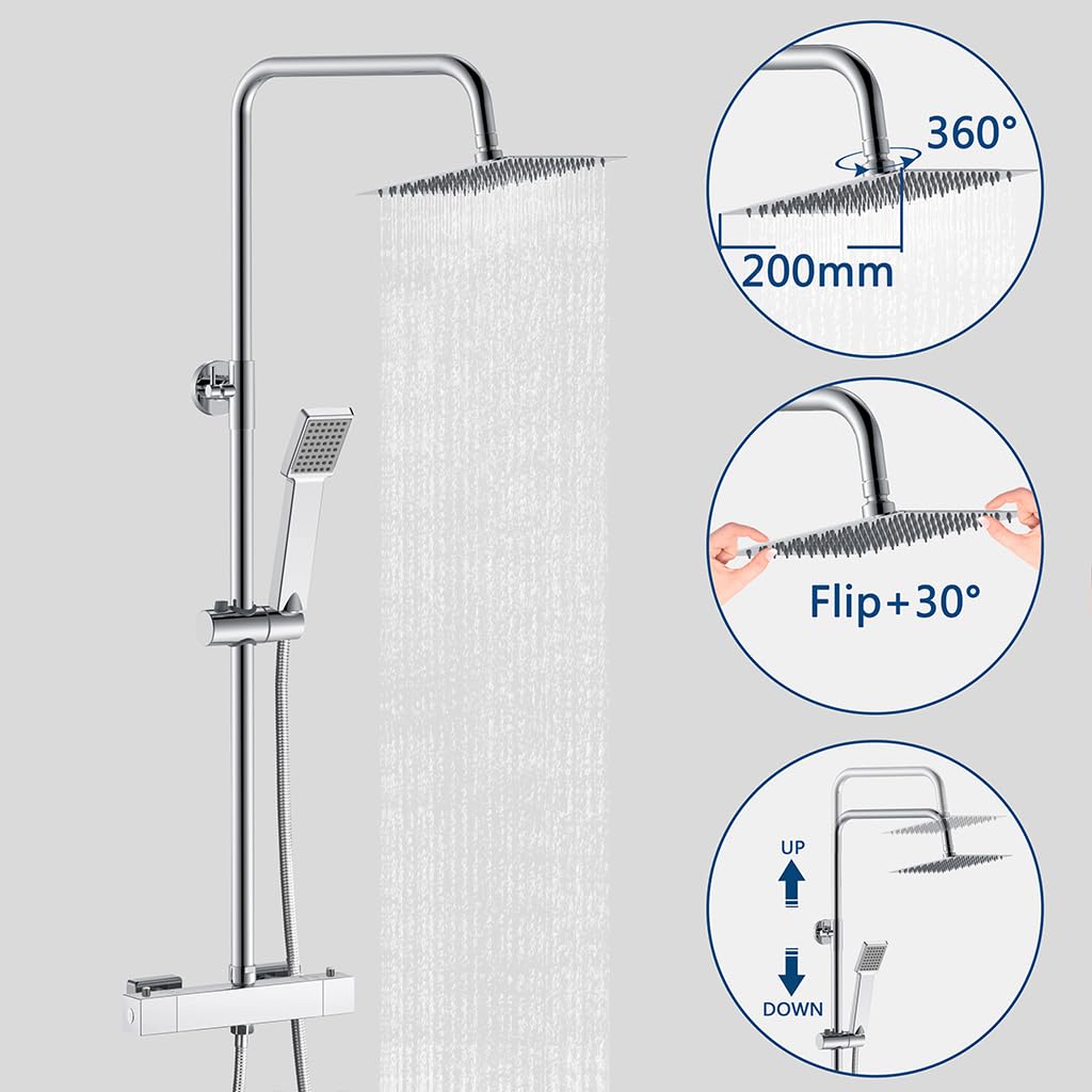 OCEAN ITALY Doccia Soffione 20x20cm in Acciaio Inox con Cromatura, Colonna Doccia con Miscelatore Termostatico, Set Doccia Quadrato, Antiscottature e Anticalcare