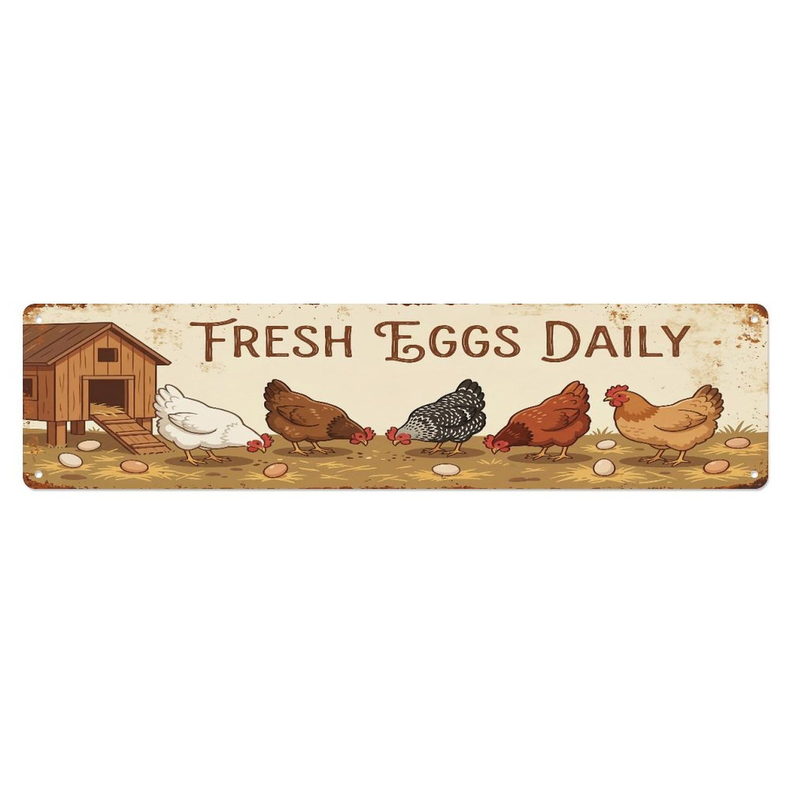 Metal Tin Sign Vintage Hen Farm Scene Fresh Eggs Daily