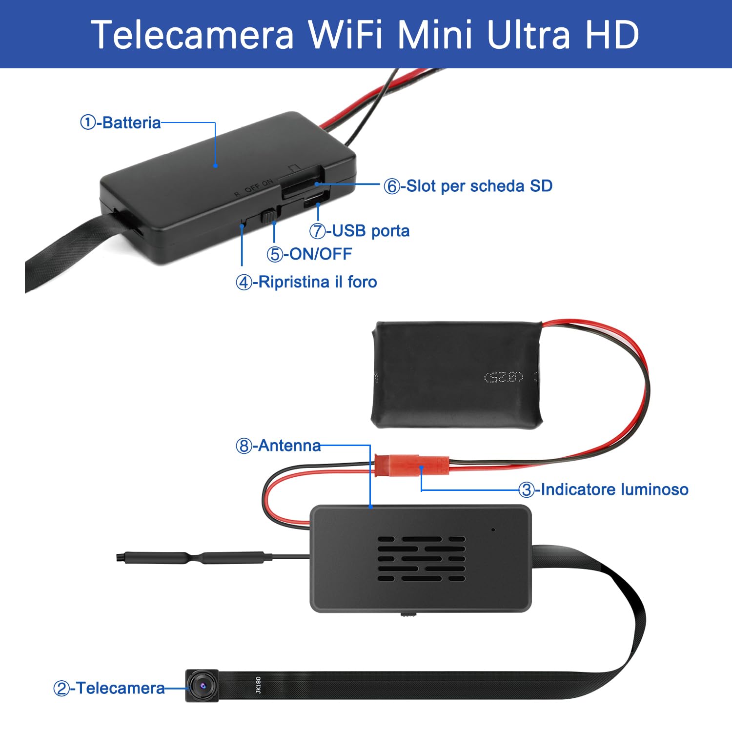H+Y Mini Telecamera 1080P Dual-Mode, Wi-Fi 2.4GHz, Grandangolo e Protocollo RTSP. Supporta Foto, Registrazione Video e Allarme Rilevamento Movimento.