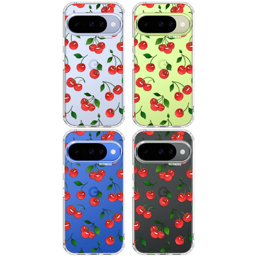 MOSNOVO Case for Google Pixel 10 & Pixel 10 Pro, [Buffertech 6.6ft Military-Grade Drop Protection] [Anti Peel Off Tech] Clear TPU Bumper Phone Case Cover Design - Cute Cherry - 3