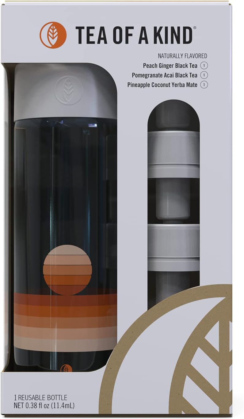 TOAK Reusable Water Bottle Starter Kit - Includes 3 Caps to Mix With Your Water, Portable Tea of a Kind Flavor Caps (Sunrise Bottle)