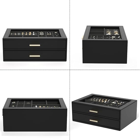 AKOZLIN Jewelry Box with Clear Lid Functional Leather Jewelry Storage Organizer Case Drawers for Women Girls Necklace Ring Bracelet Earring 2 Drawers Black