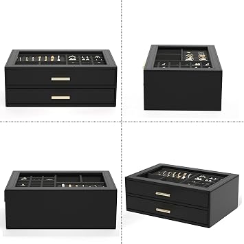 AKOZLIN Jewelry Box with Clear Lid Functional Leather Jewelry Storage Organizer Case Drawers for Women Girls Necklace Ring Bracelet Earring 2 Drawers Black