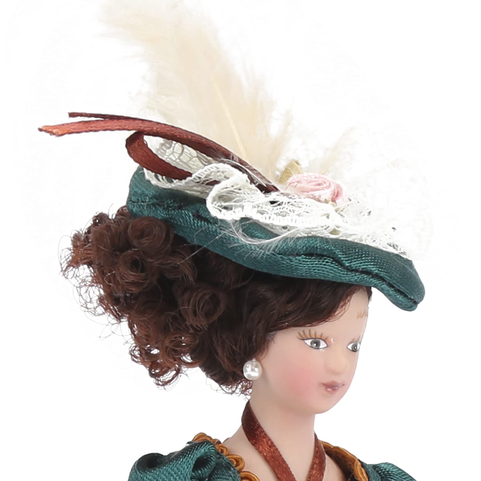KIMISS 1/12 Scale Victorian Lady Miniature Doll for Dollhouse Decoration - Porcelain Doll in Green Dress with Hat - Image 2