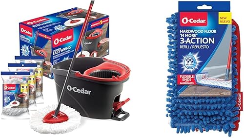 O-Cedar Easywring - Sistema de limpieza de piso de microfibra giratoria y cubeta con 3 recambios adicionales y recambio de mopa de microfibra de 3