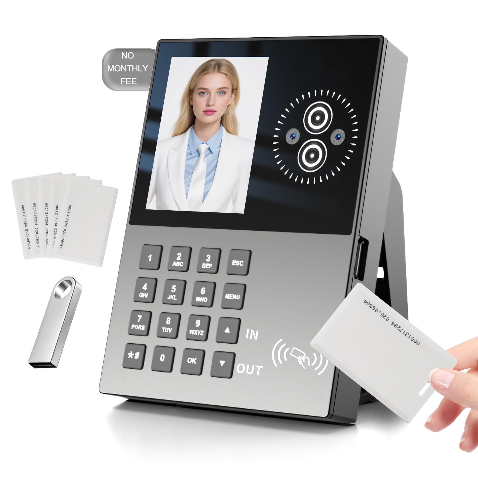 Jian Boland Gary Employee Time Clock-Time Clocks For Employees Small Business Face Recognition,Badges&Pin Attendance Machine, 0 Monthly Fee Office In/Out Punch Clock, With 5 Badges & Usb Flash Drive-T500