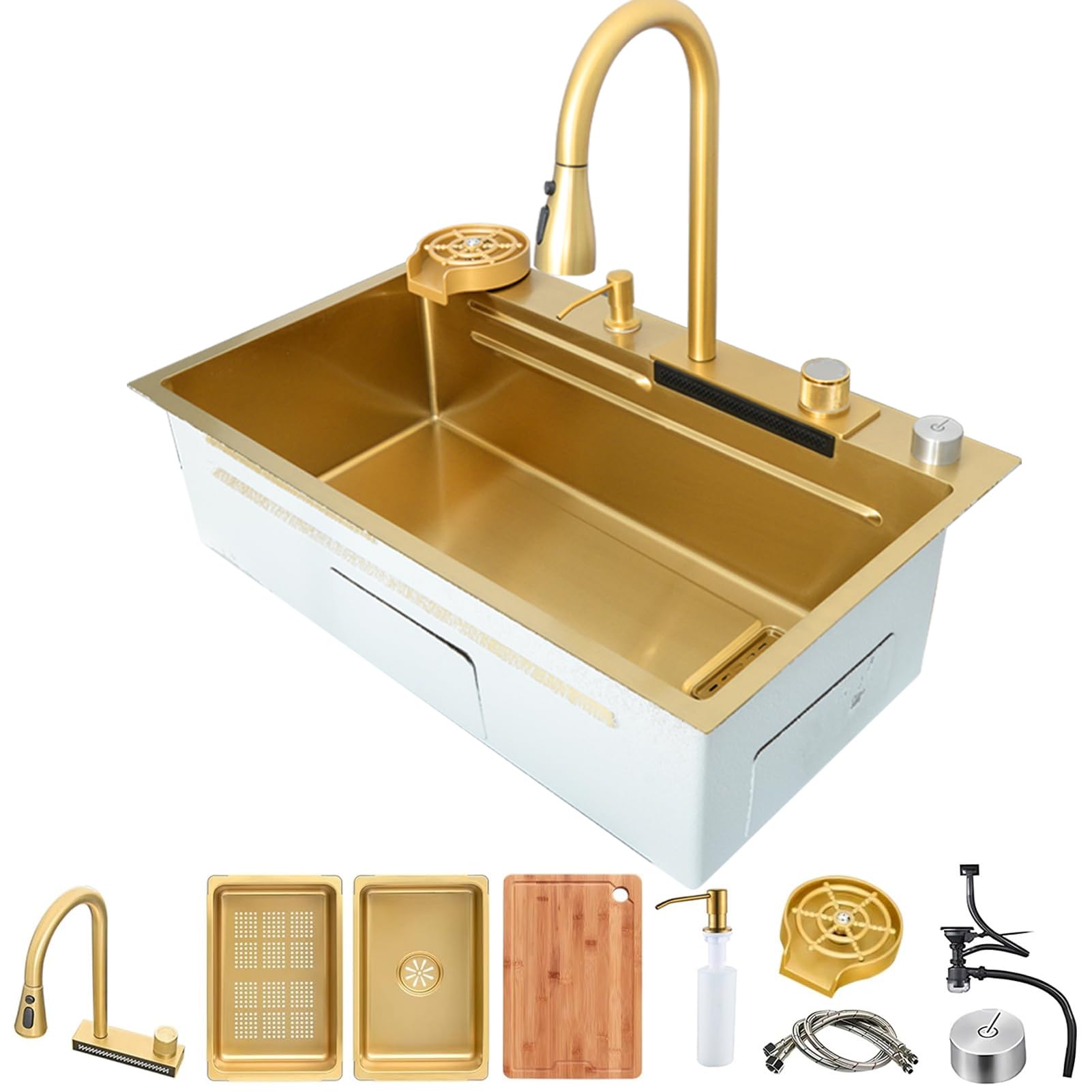 WIQUYBML Gold Kitchen Sink, New Stainless Steel Waterfall Bar Workstation Sink With Pull-Out Tap, Chopping Board, Soap Dispenser (Color : Gold, Size 68x45cm)