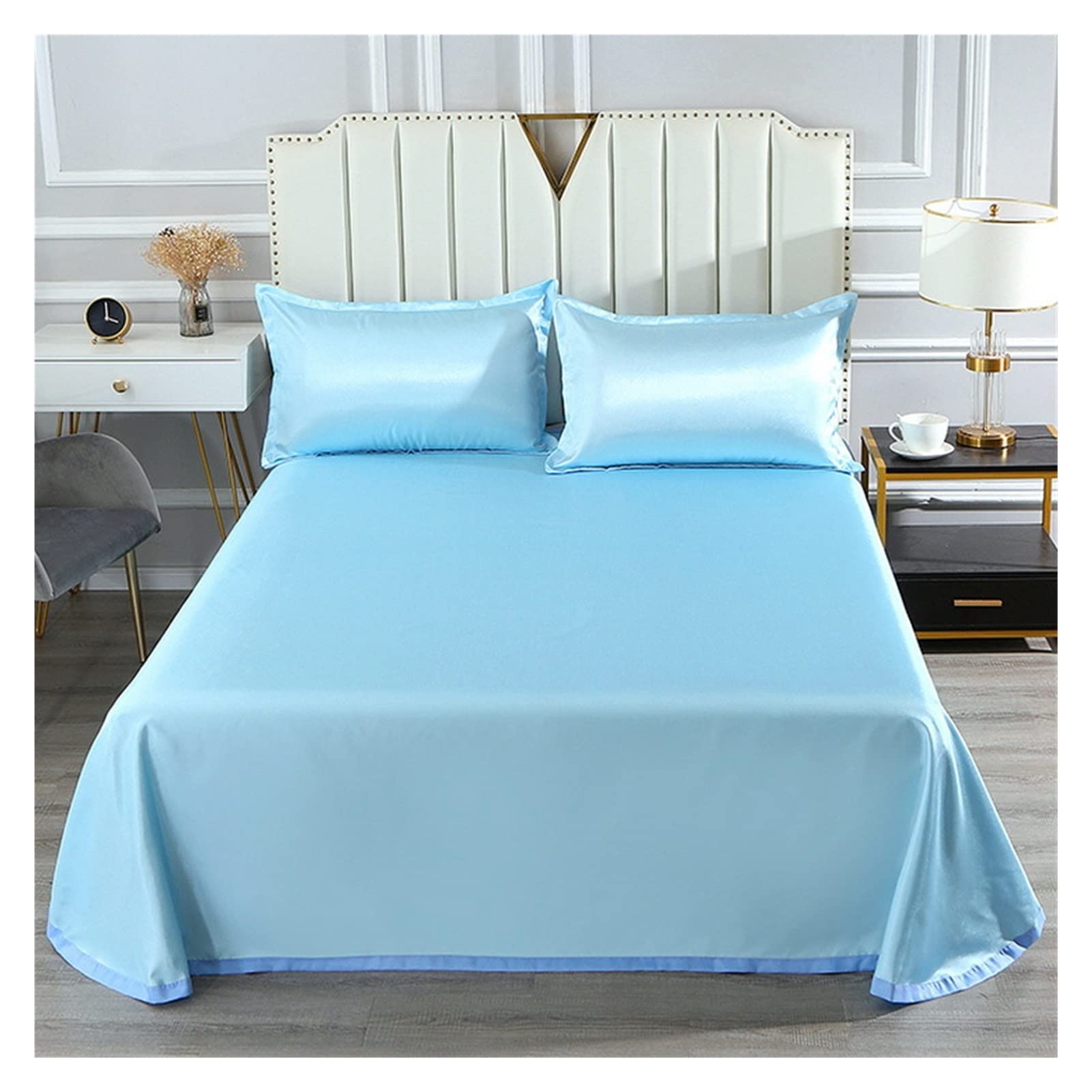EBzvblxm Ice Silk Bed Sheet, Ice Silk Bed Sheet Set With Pillowcase, Multicolor, Multiple Sizes, Machine Washable(Luxury - Sky Blue,230x250cm 3PCS)