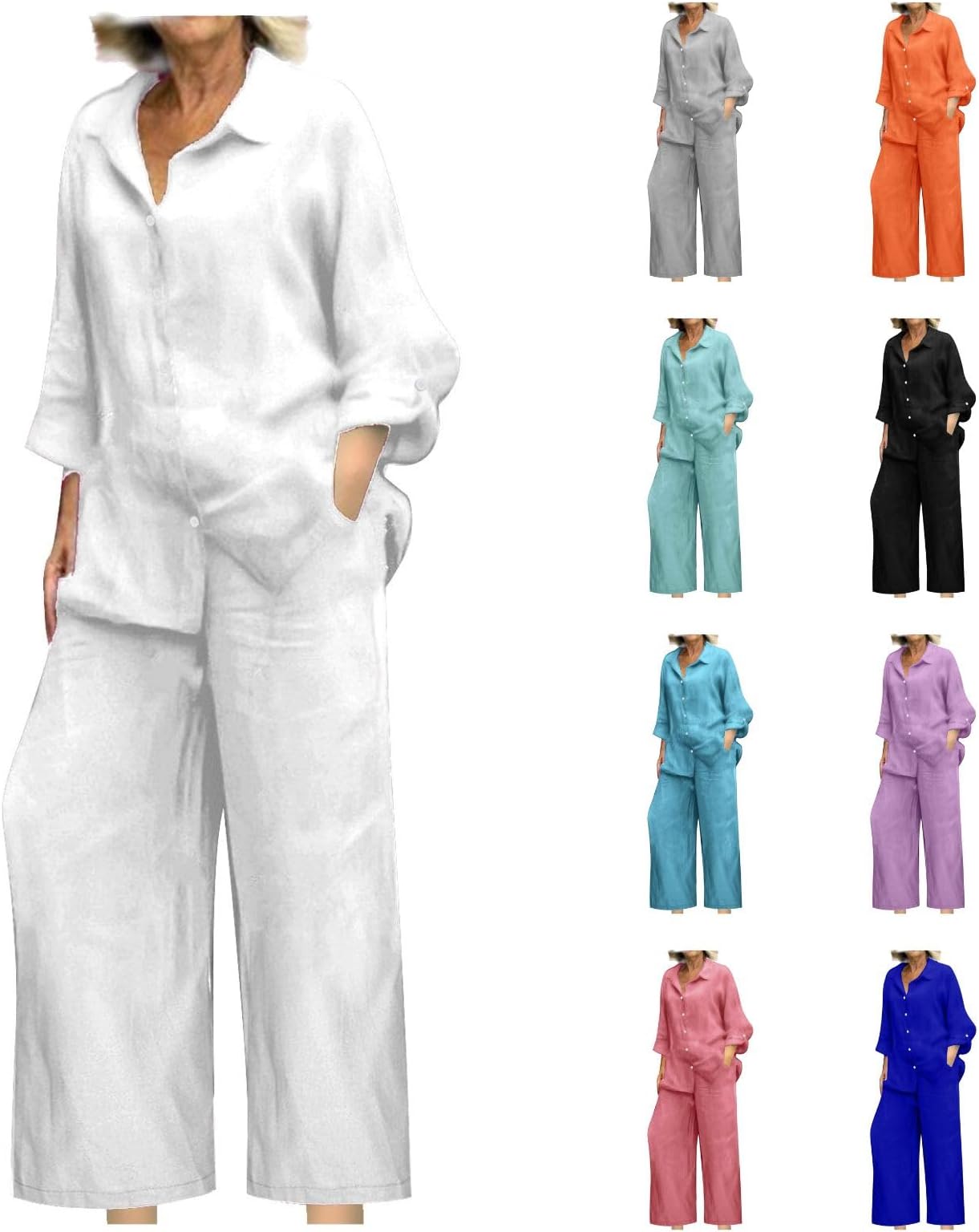 Linen Sets for Women 2 Piece - Long Sleeve Button Down Shirts Summer Wide Leg Linen Pant Lounge Outfits Clothes 2026
