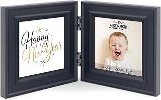 Double 4x4 Wood Photo Frame, Hinged Picture Frames, with Glass Front, Fit for Stands Vertically on Desk Table Top or Wall Hanging (Window 3.5 x 3.5 Picture, Black Color)