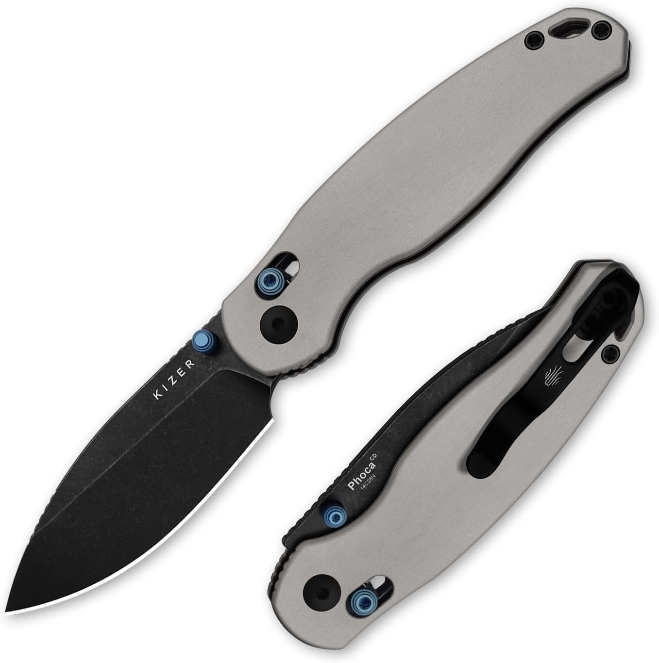 Phoca CD Pocket Knife, 2.95" Drop Point 14C28N Blade Folding Knives with Light Gray Aluminum Handle, Thumb Stud EDC Knife for Men Women V3781CDA2