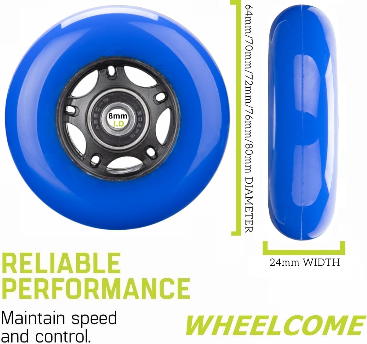 WHEELCOME Inline Skate Wheels with Bearings ABEC-9 and Floating Spacers for Blades Roller Hockey Skates, 85A Indoor & Outdoor, 64mm/70mm/72mm/76mm/80mm Dia, 4-Pack (Blue, 64mm)