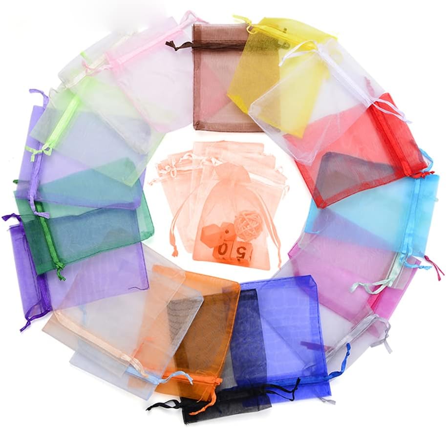4EAELove Peach Rose Gold Colorful Organza Gift Bags 2.7 X 3.5 inches Assorted Size Sheer Drawstring Organza Jewelry Pouches Wedding Party Christmas Favor Candy Gift Wrap 100Pcs 200pc Pack of