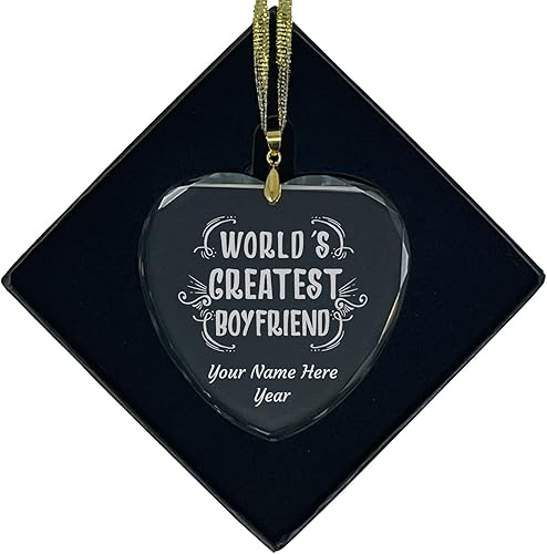LaserGram Personalized Glass Christmas Ornament,World's Greatest Boyfriend, Custom Laser Engraved Gift Idea (Heart Shape)
