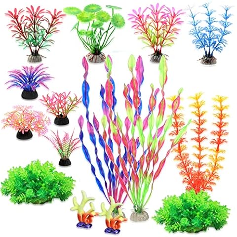 Artificial Aquarium Decorations Plants with Resin Coral, 15PCS Plastic Fish Tank Ornament Plants Set Aquatic Plants Accessories Vivid Simulation Aquarium Decor Various Sizes - Safe for Fish Cover