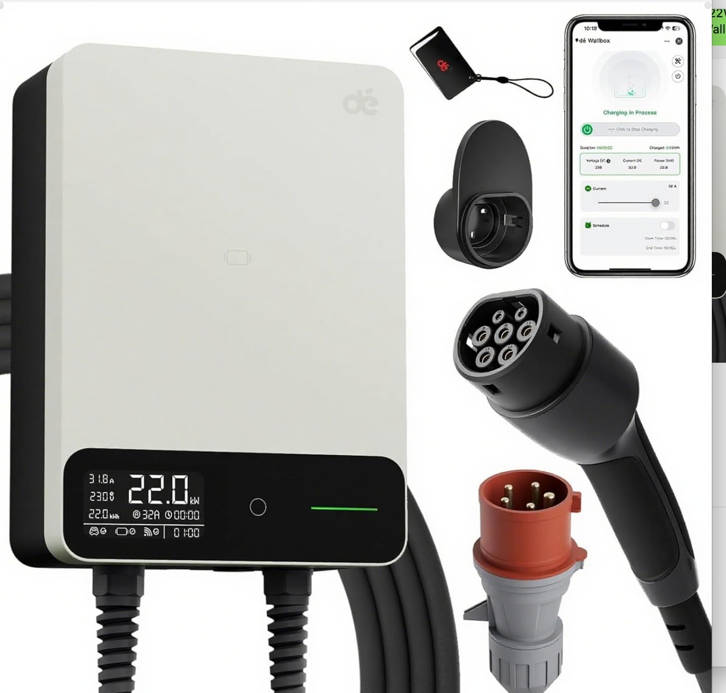 dé Skrzynka ścienna typu 2 22 kW z aplikacją i RFID, 6-32 A, 3-fazowa ładowarka EV, 400 V z kablem do ładowania 15 m i uchwytem na kabel do BEV/PHEV, ochrona RCD typu B i IP55, wydajna stacja ładująca