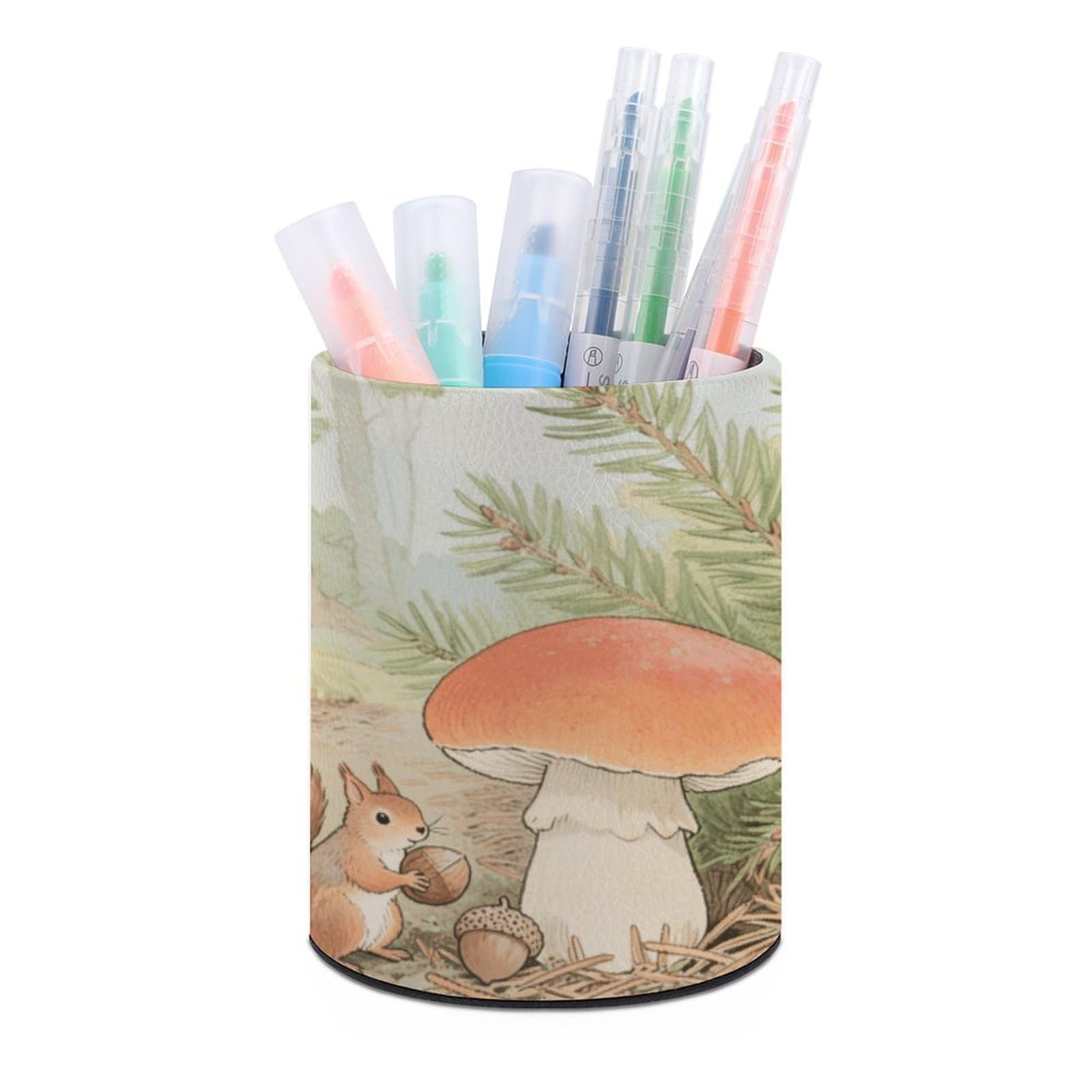 VstaDank Vintage Mushroom Pen Holder PU Leather Pencil Cup Minimalist Desk Pencil Holder Round Make Up Brush Organizers For Office Dorm Room&Vanity Desk Accessories