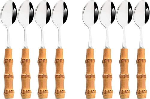 Miniatura 10 de 8 tenedores de cena, tenedor de mesa de acero inoxidable y bambú natural, esmalte de espejo reutilizable, elegante y exquisito tenedor de ensalada