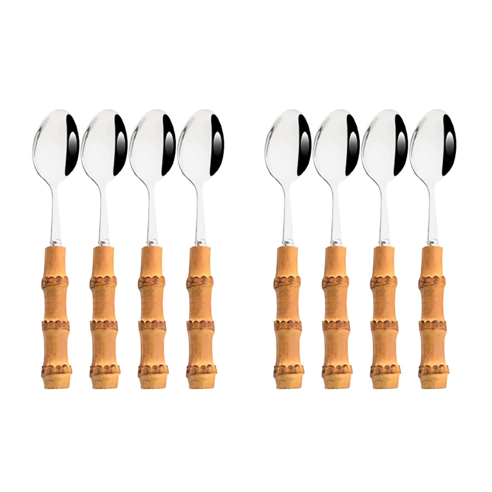 Snplowum 8pcs Silver Teaspoon, Stirring Spoon Bamboo Handle Ice Cream Spoon, Coffee Tea Spoon Set, Food Grade 18/10 Stainless Steel Tablespoons, 6.3-inch