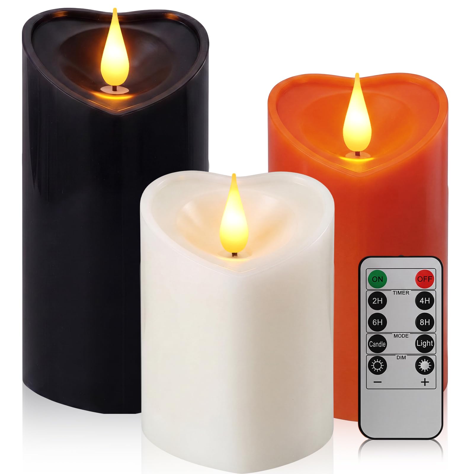 Retisee 3 velas de Halloween con forma de corazón – 4 pulgadas, 5 pulgadas, 6 pulgadas, LED, funciona con pilas, vela sin llama con control remoto para otoño, día de Acción de Gracias, mujeres, regalo