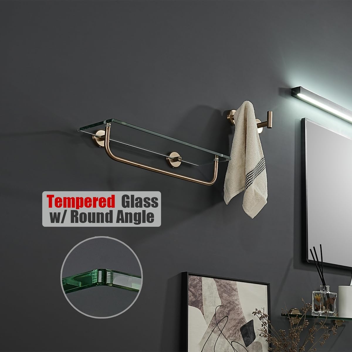 JQK Bathroom Glass Shelf, Shelf with 15 Inch Towel Bar Tempered Glass Shower Storage 16 by 5 inches, 304 Stainless Steel Champagne Bronze Wall Mount, TGS100L16-CB