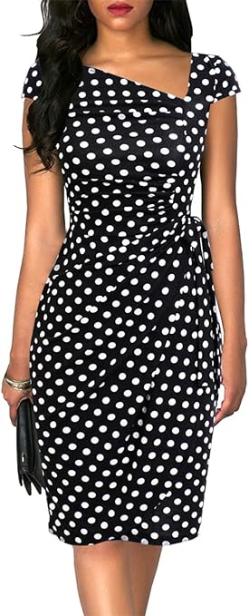Liyinxi Women&#39;s Retro 1950s Cap Sleeve Knee-Length Sheath Slim Business Casual Party Ruched Bodycon Faux Wrap Dress