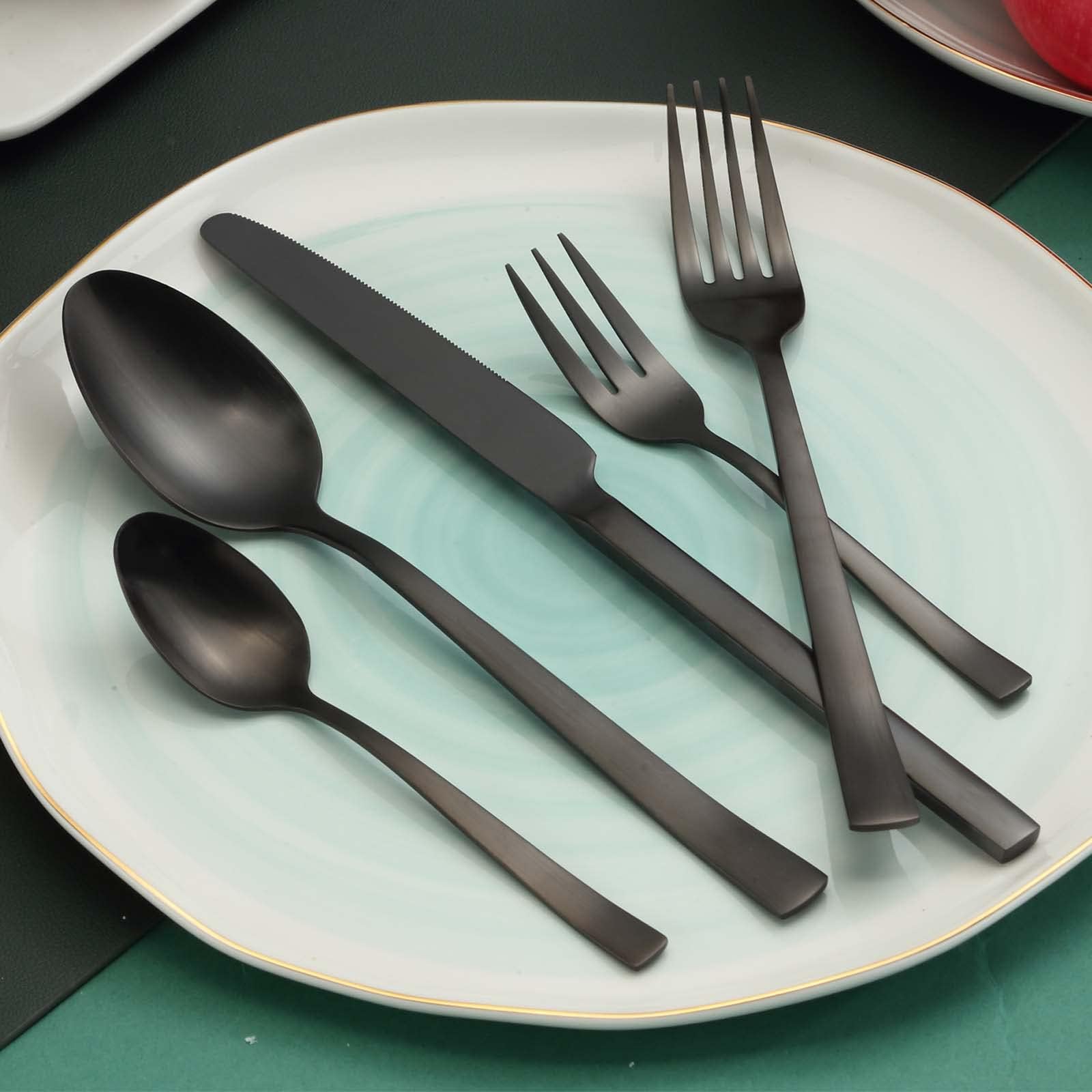 BEWOS 30 pièces Couverts pour 6 personnes, Set d'argent noir en acier inoxydable, Set de couverts noir mat avec couteaux, fourchettes et cuillères, poignée ergonomique