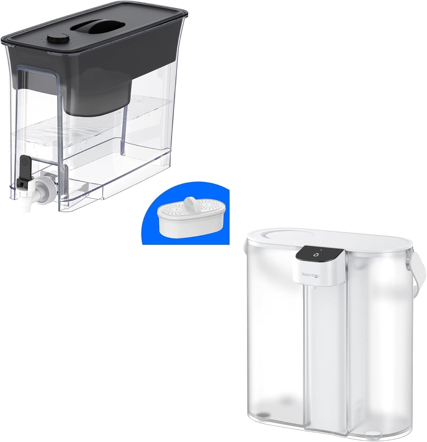 Waterdrop 35-Cup Slim Water Filter Dispenser, Large Capacity, 200-Gallon Long-Life, Reduces Chlorine, PFOA/PFOS and More, Black&Waterdrop Compact Electric Water Filter Pitcher, White